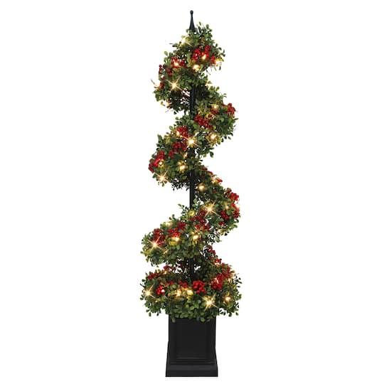 4Ft Pre-Lit Artificial Potted Swirl Tree Adorned with Red Berries, Warm White LED Lights By Puleo International in Green | 4 ft | Michaels®